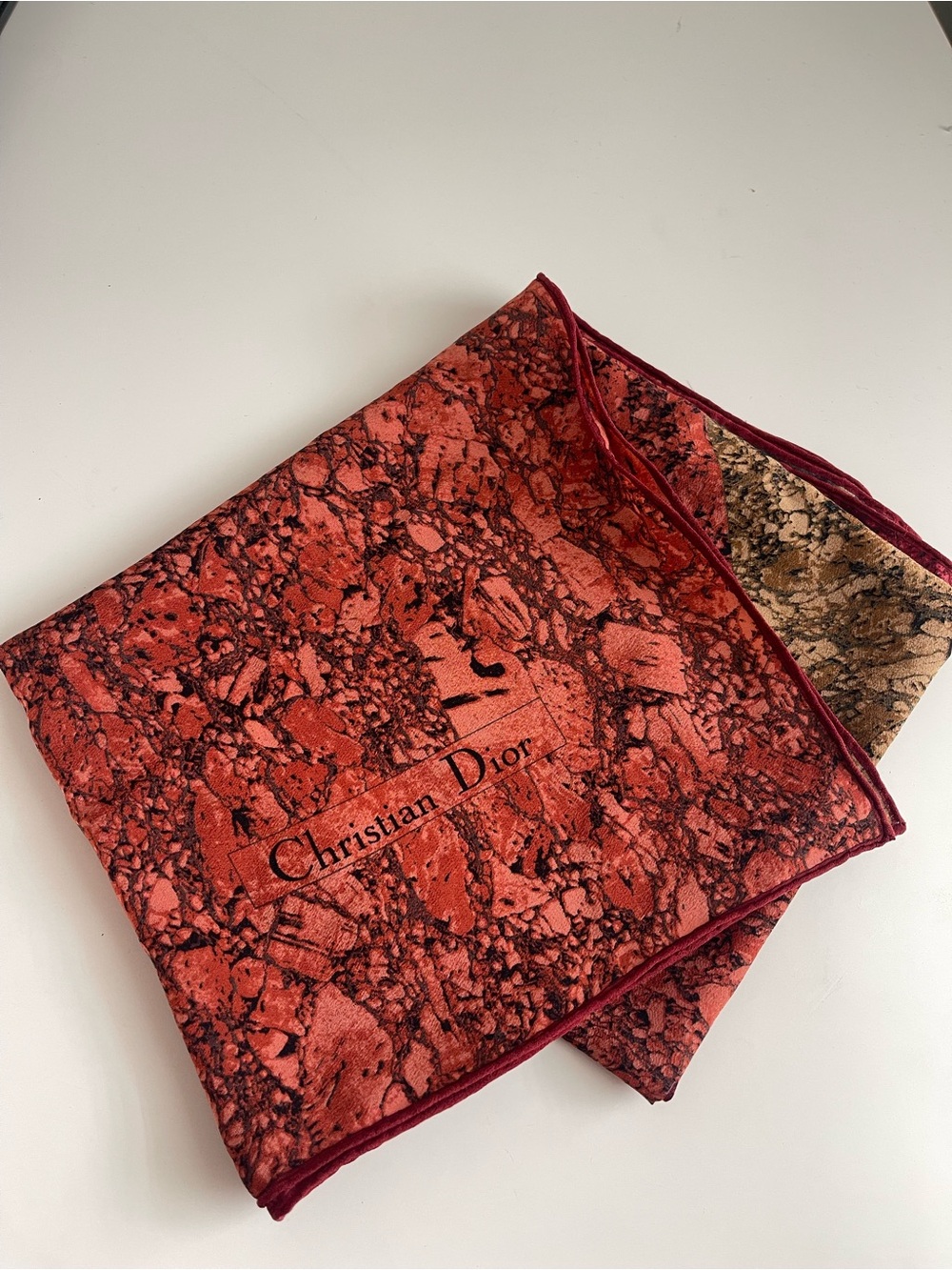 Dior Red Marble-Print Velvet Scarf with Burgundy Trim